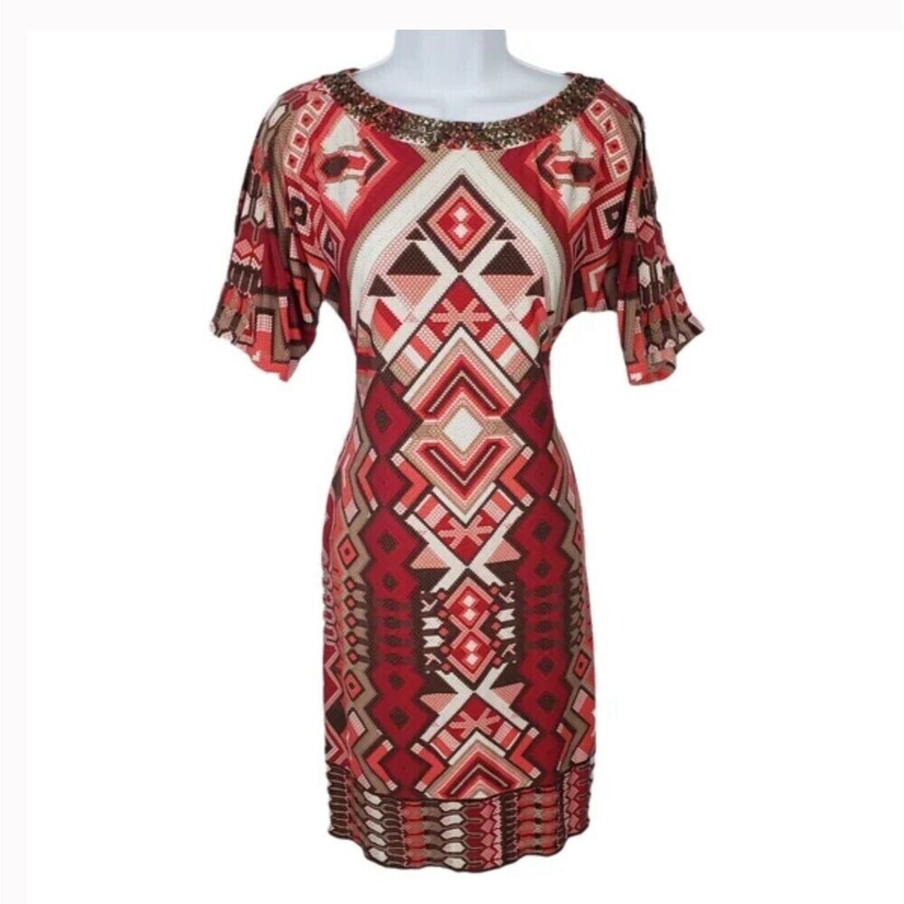 Chico's Size 1 Aztec Print Cold Shoulder Short Sleeved Beaded Midi Dress